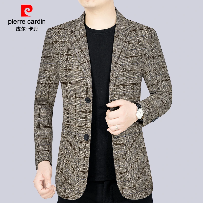 皮尔卡丹春季休闲西装外套英伦格子潮流帅气青年西服上衣2025新款