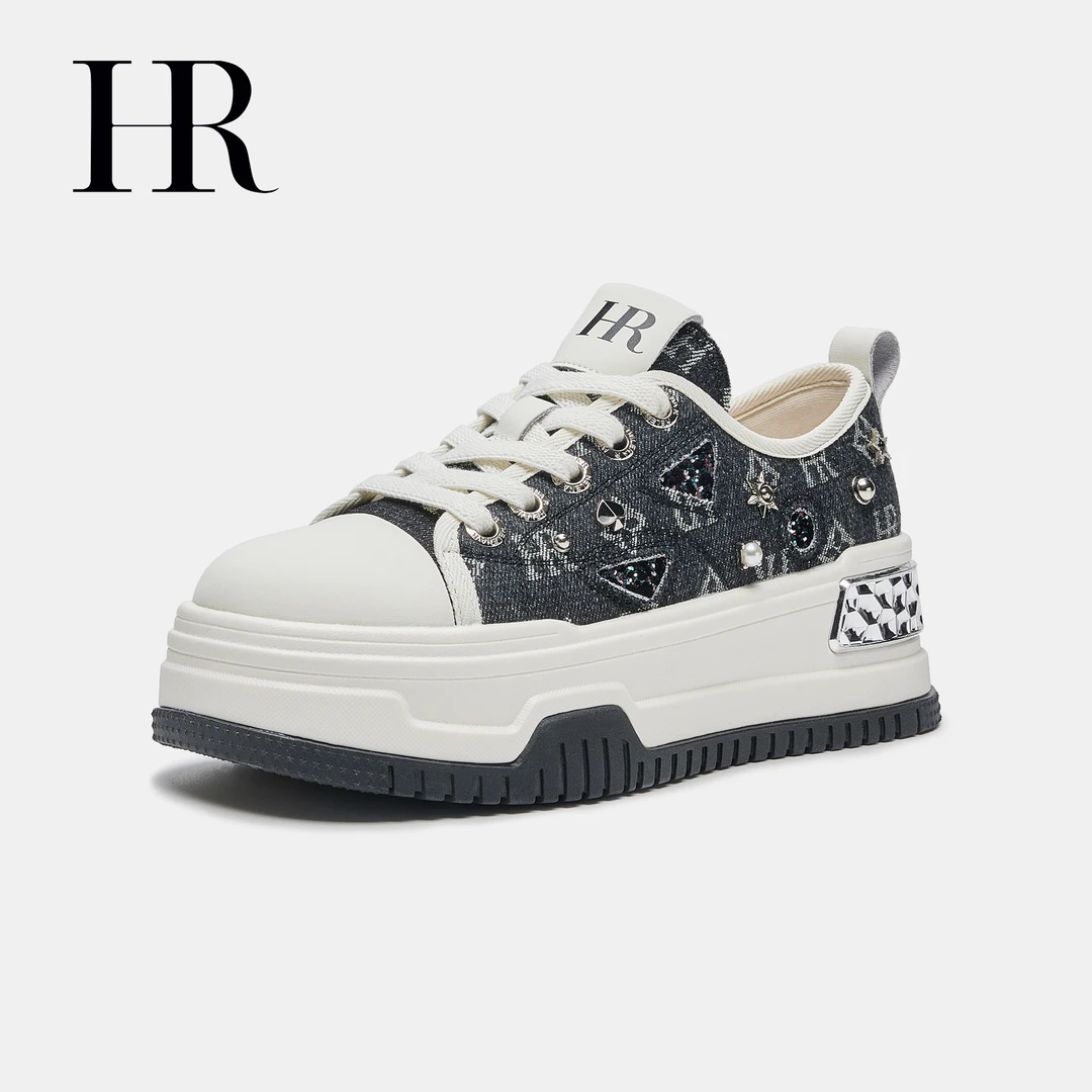 HR/赫莲娜女鞋子2025秋季新款破洞牛仔帆布鞋厚底小众休闲板鞋
