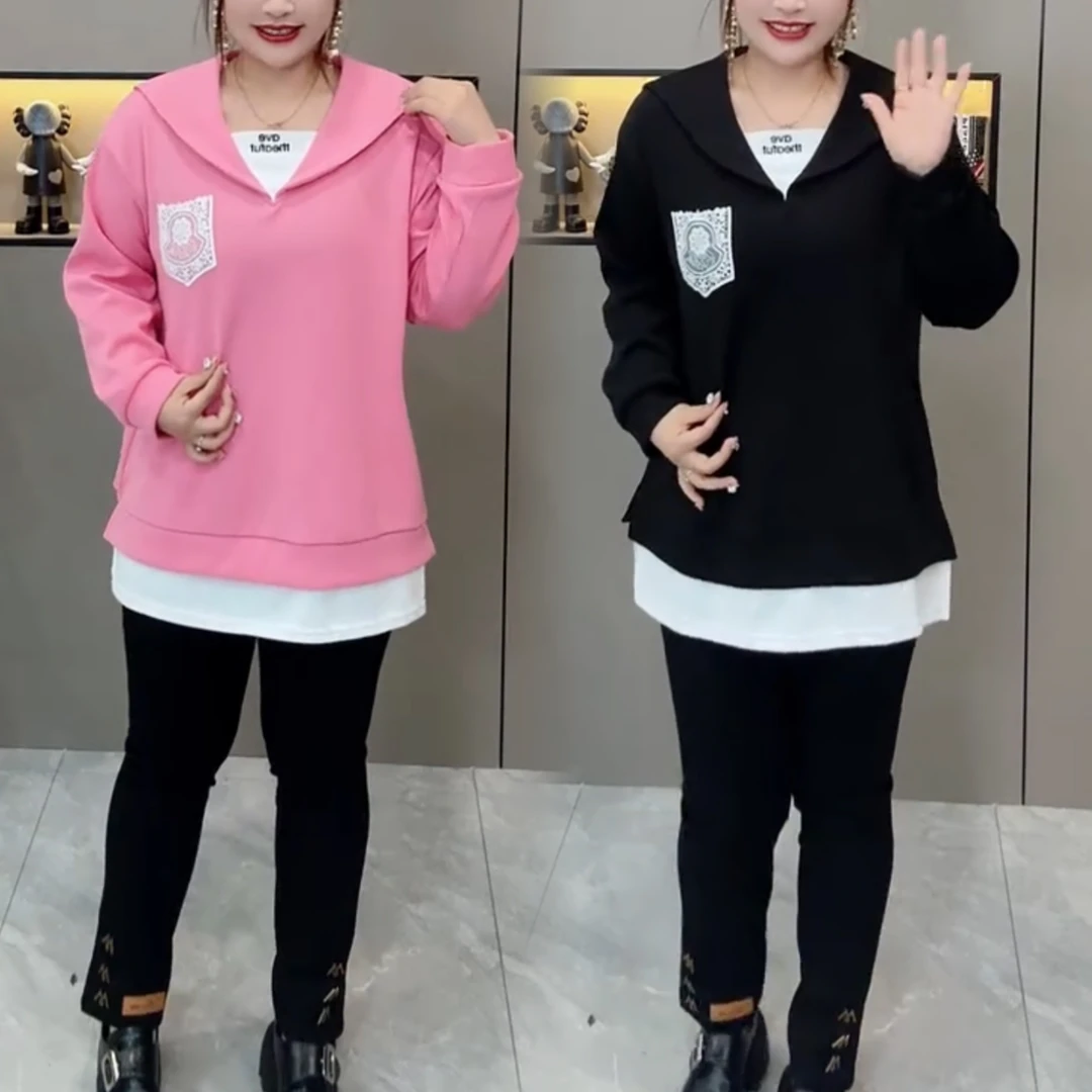 大码假两件长袖无帽卫衣女秋春秋ins胖MM宽松显瘦遮肚子上衣刺绣