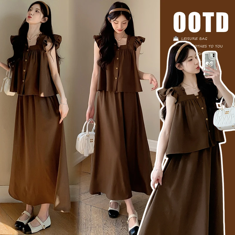 孕妇套装2025新款夏季洋气时尚孕妇装 夏装 飞飞袖上衣半身裙套装