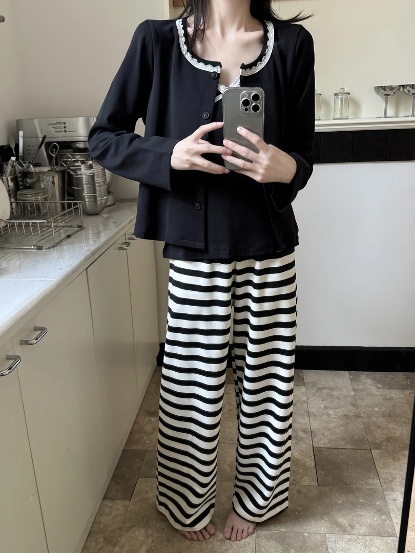 韩系慵懒风三件套睡衣女花边春秋冬季长袖开衫吊带条纹家居服套装