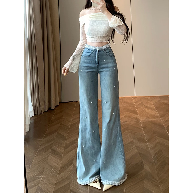 重工珍珠蕾丝花边微喇叭裤女2025冬季新款高腰修身不贴腿牛仔裤