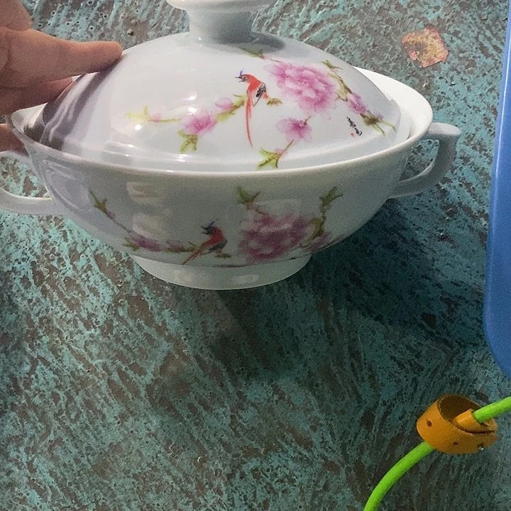 摆件青釉水点桃花双耳品锅