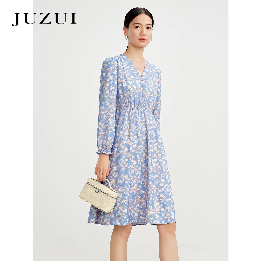 玖姿安娜蔻清新浪漫印花V领打褶晕染花长袖连衣裙女2024春季新款