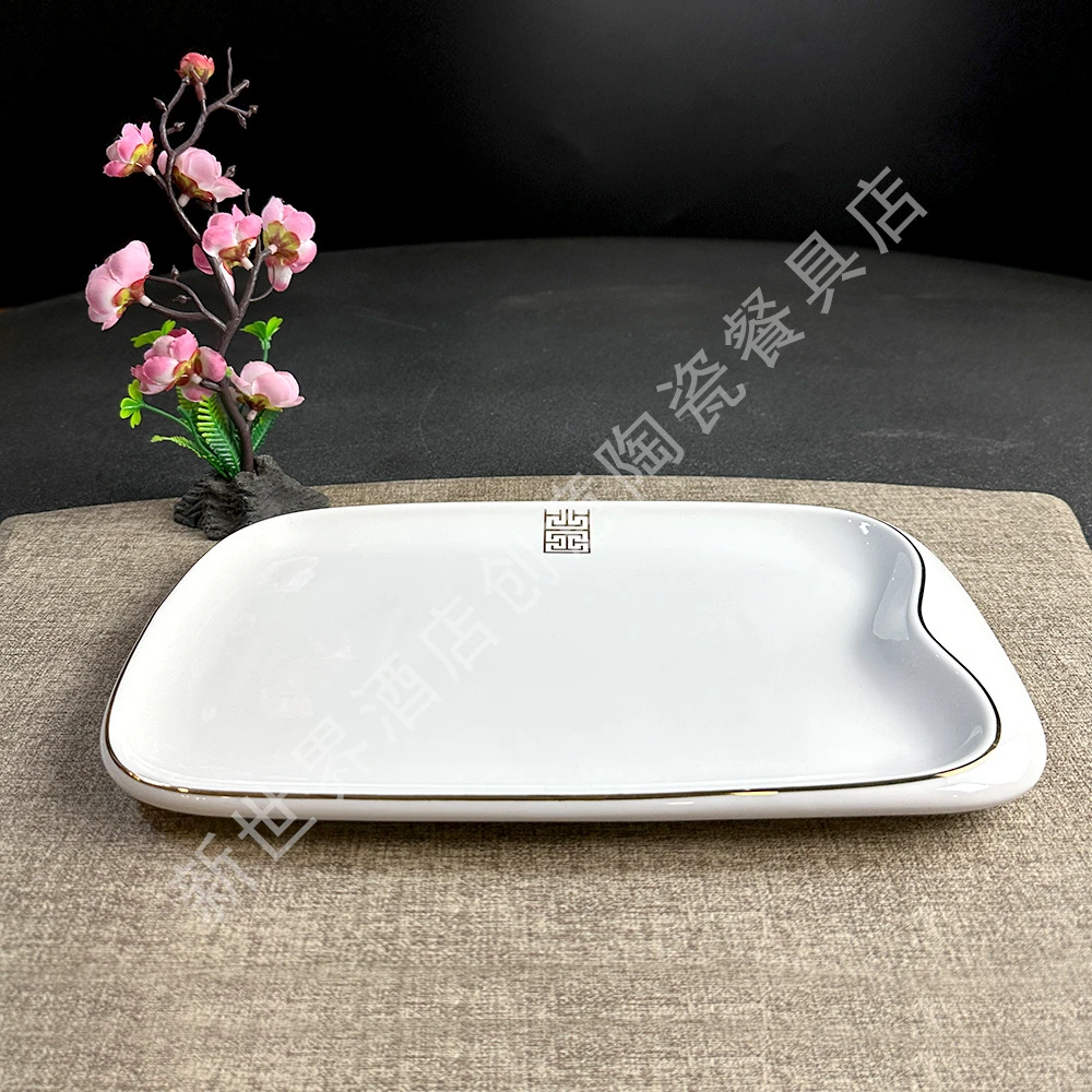 创意金线耐磨金清流长方盘白瓷盘子酒店商用家用高档餐具品质好物