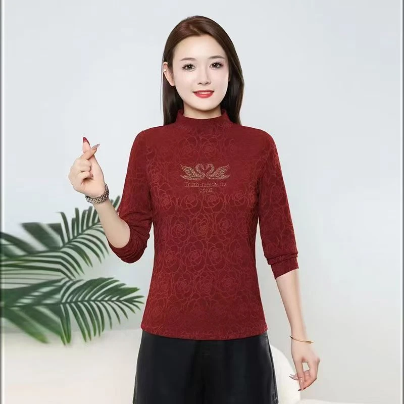 {春姐02}T恤妈妈女士小衫新款高领显瘦时尚气质打底提花弹力上衣