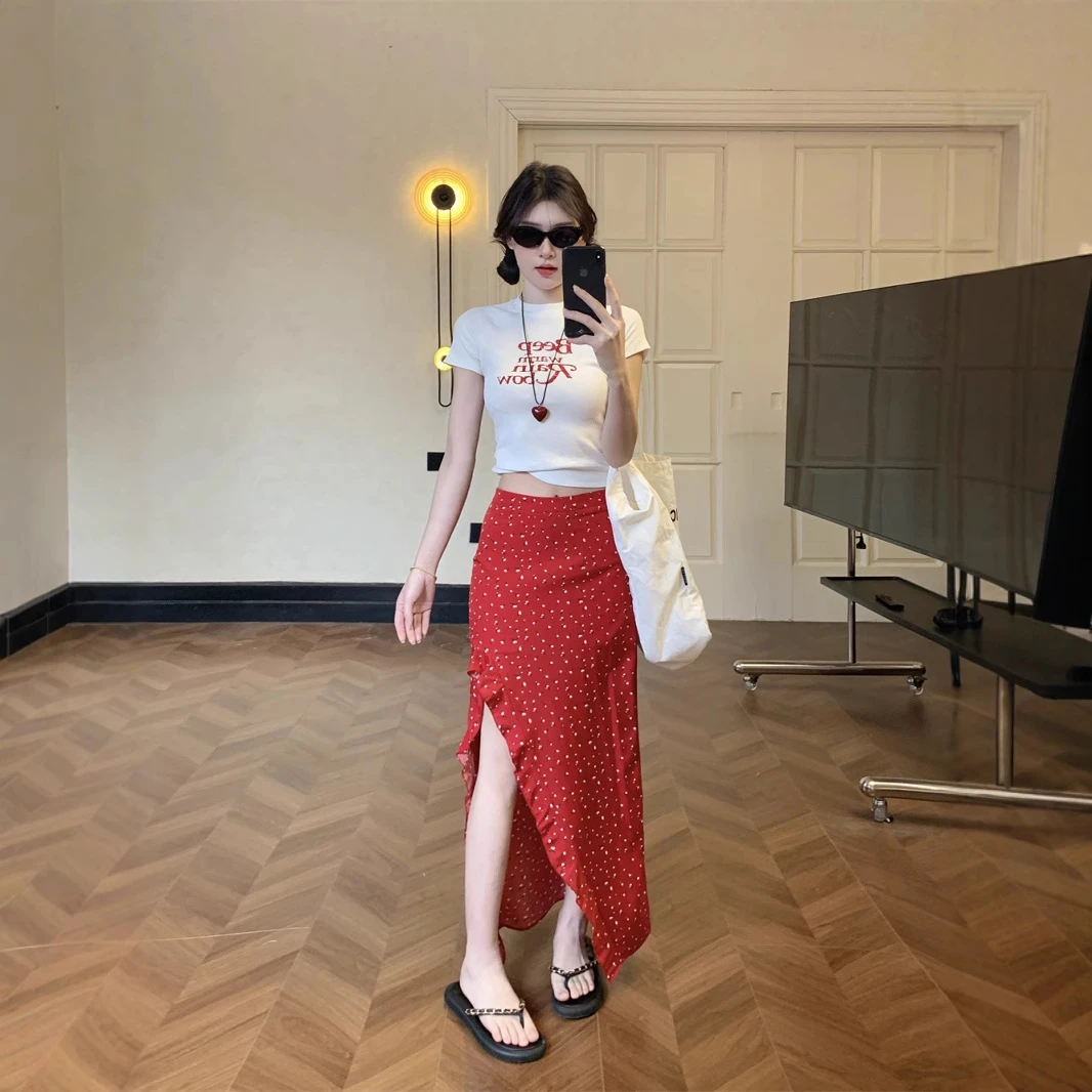 实拍 2025夏季新款韩版韩系风美式印花辣妹短袖T恤上衣+半身裙女