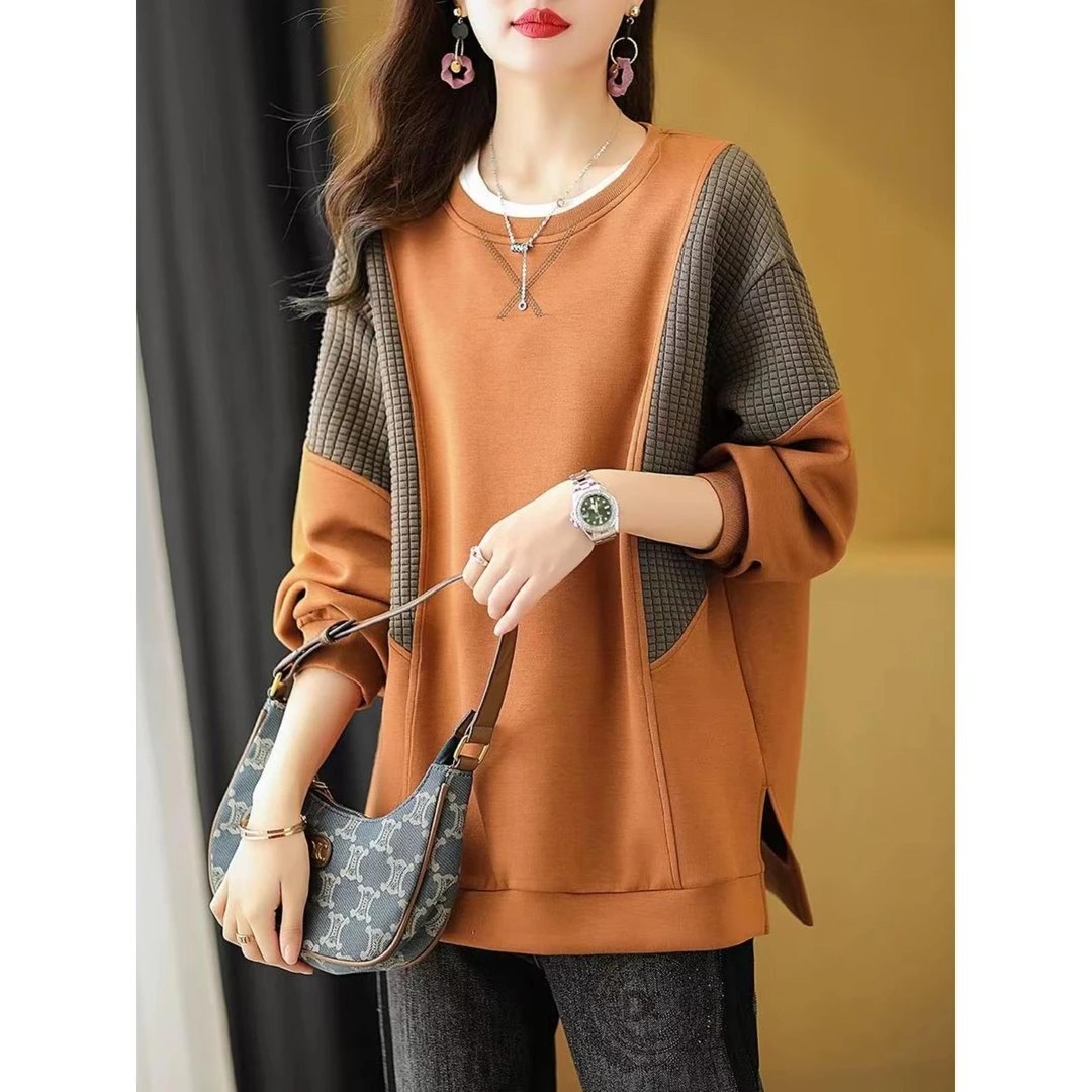 dhini加码对比色缝制丝绒运动衫2025秋冬新宽松时尚百搭女装