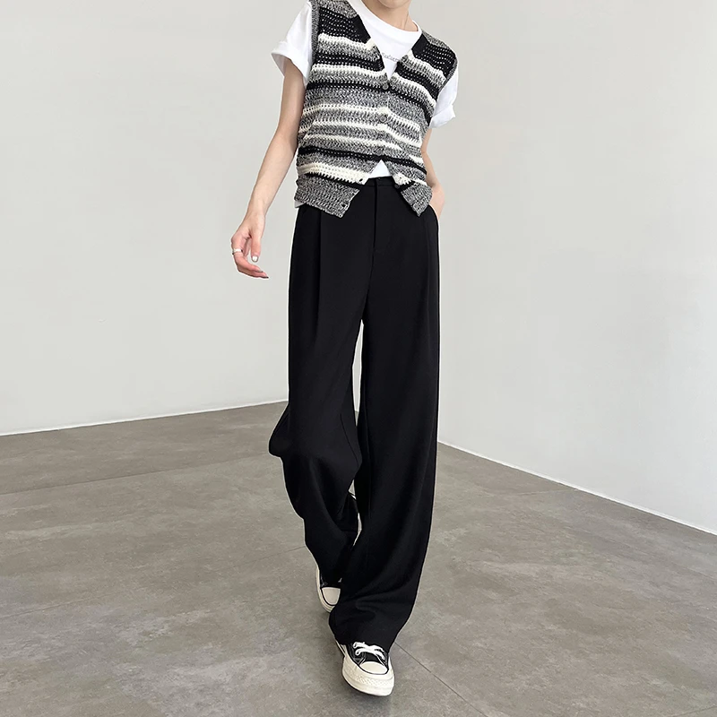 黑色窄版西装裤女春秋2025新款高腰垂感拖地休闲设计感直筒阔腿裤