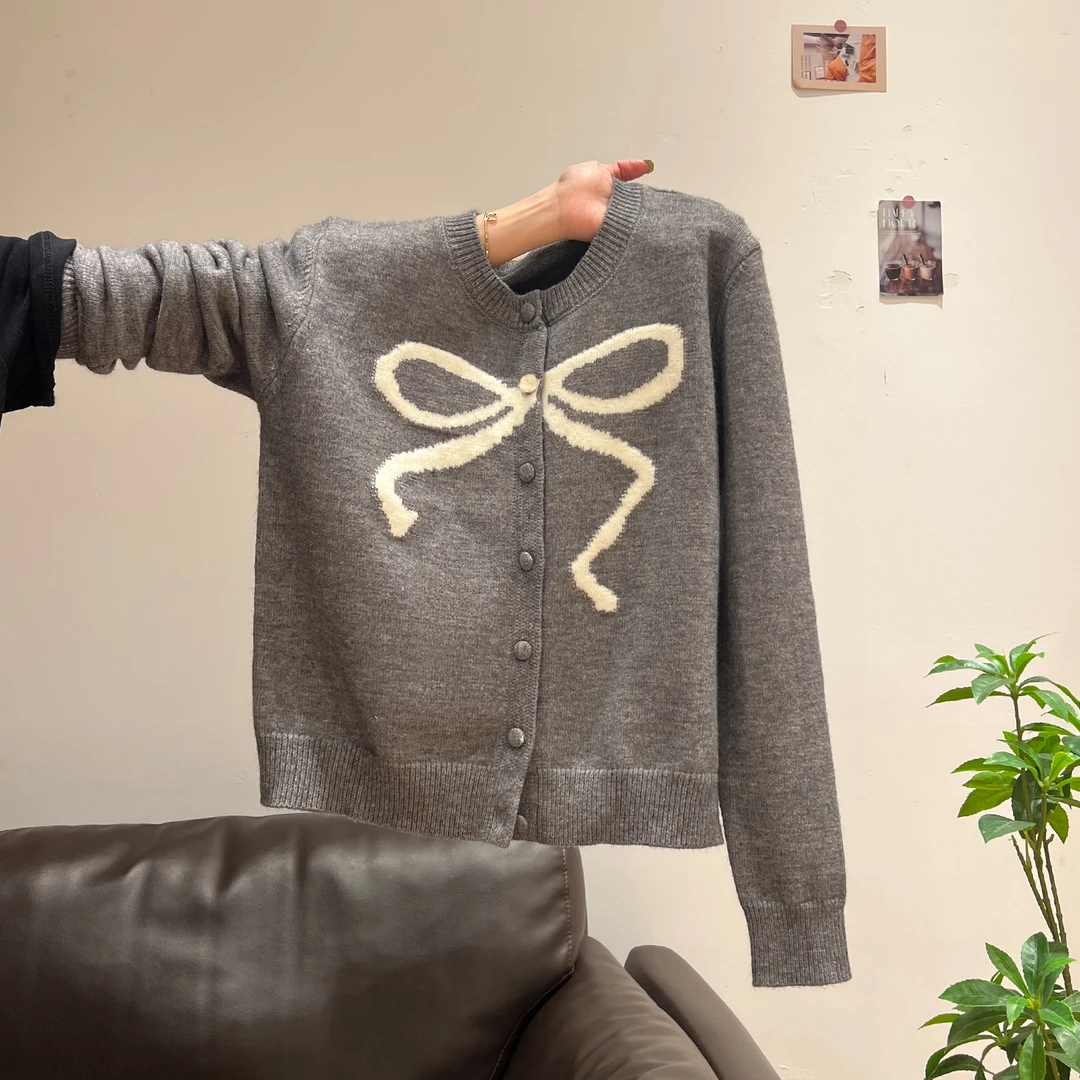 设计感小众蝴蝶结针织开衫女秋季休闲内搭短款秋冬毛衣上衣