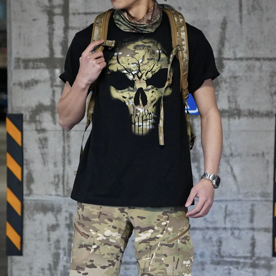 小申教官清仓专场 复古骷髅印花百搭T恤男夏纯棉户外透气运动短袖