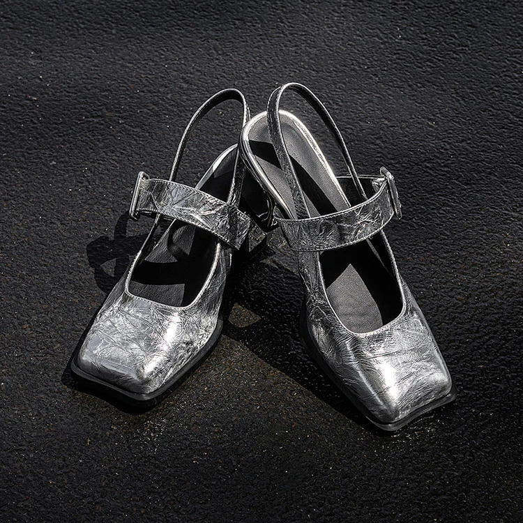 7CM牛皮简约方头高粗跟浅口凉鞋女单鞋2025年春夏季一字扣带后