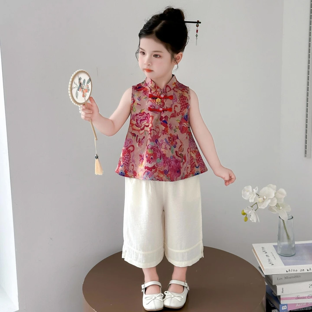 汉服女童国风套装夏季古风唐装儿童背心裤子薄款新中式女宝宝古装