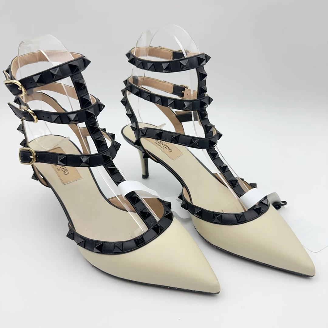 95新 Valentino/华伦天奴 /36.5码/拼色三环铆钉高跟鞋/00599