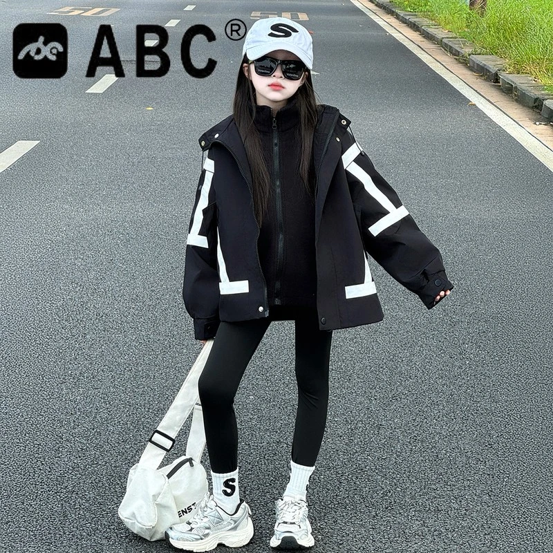ABC女童夹棉一体冲锋衣新款秋冬初中生女孩三合一可拆卸棉服外套