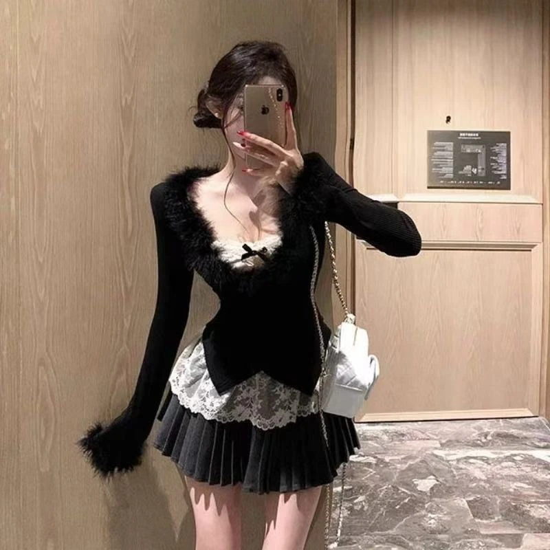 秋季纯欲显瘦小众蕾丝内搭开衫+高腰显瘦百褶裙   8201#