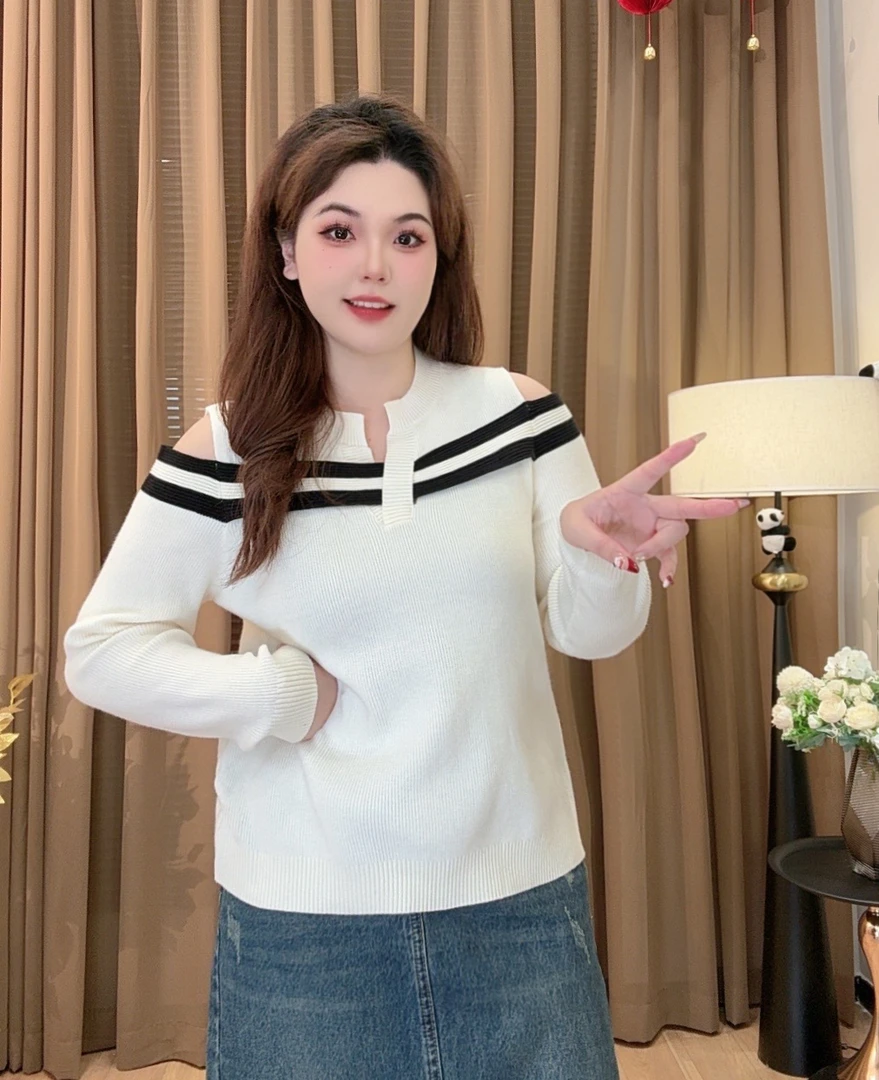 大码mm女装2025春季新款法式针露肩针织衫宽松设计感长袖上衣