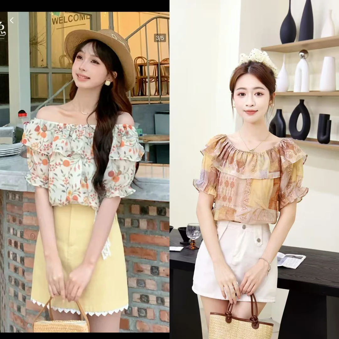 夏季法式荷叶袖一字领碎花衬衫显瘦8505