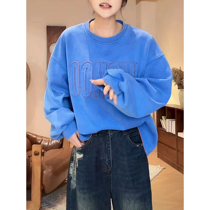 秋季新款圆领套头卫衣女小众ins风字母刺绣慵懒风遮肉显瘦短上衣