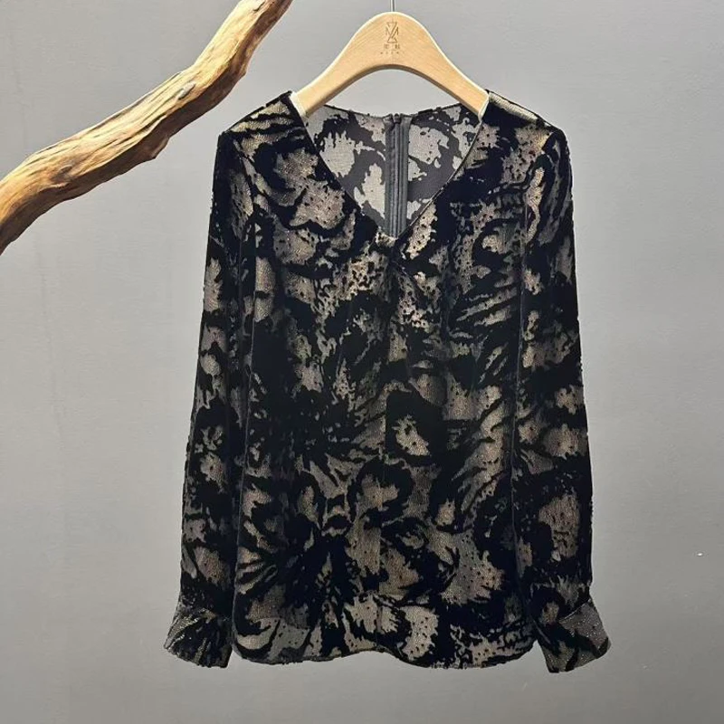 墨枝 金丝烂花真丝丝绒上衣S900C014