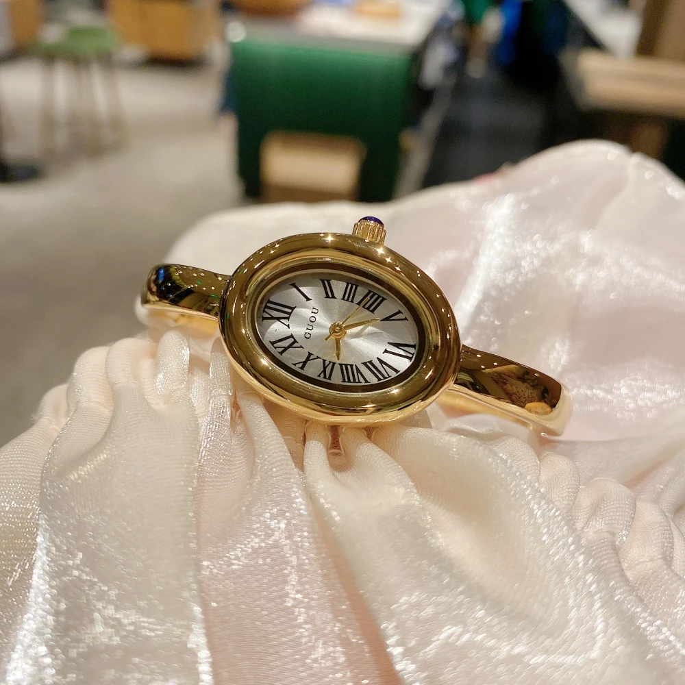 GUOU浴缸手镯表罗马刻度轻奢高级感韩系女小众简约百搭石英椭圆形