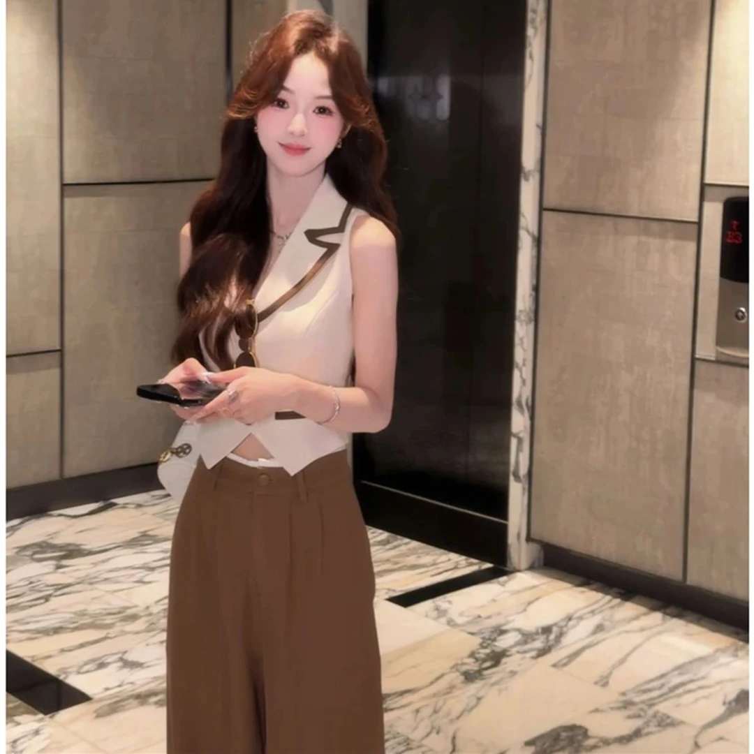 法式高级感撞色翻领西装背心背心上衣阔腿裤两件套女夏季时尚套装