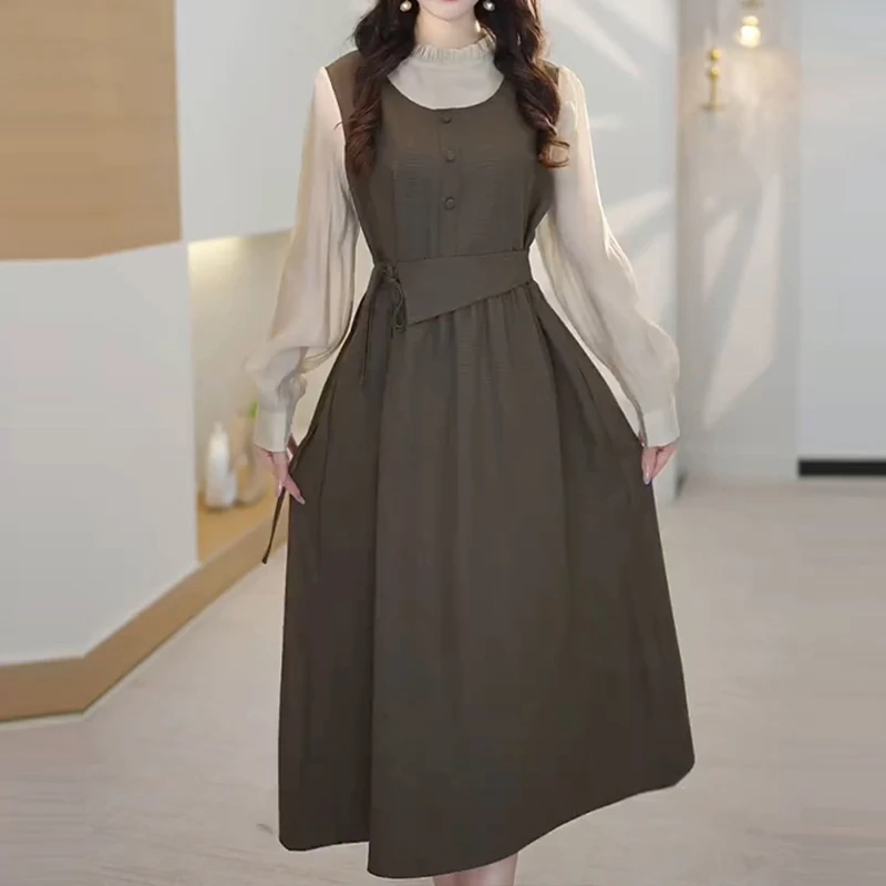 法式减龄拼接假两件大码连衣裙女早秋文艺风慵懒显瘦收腰中长裙