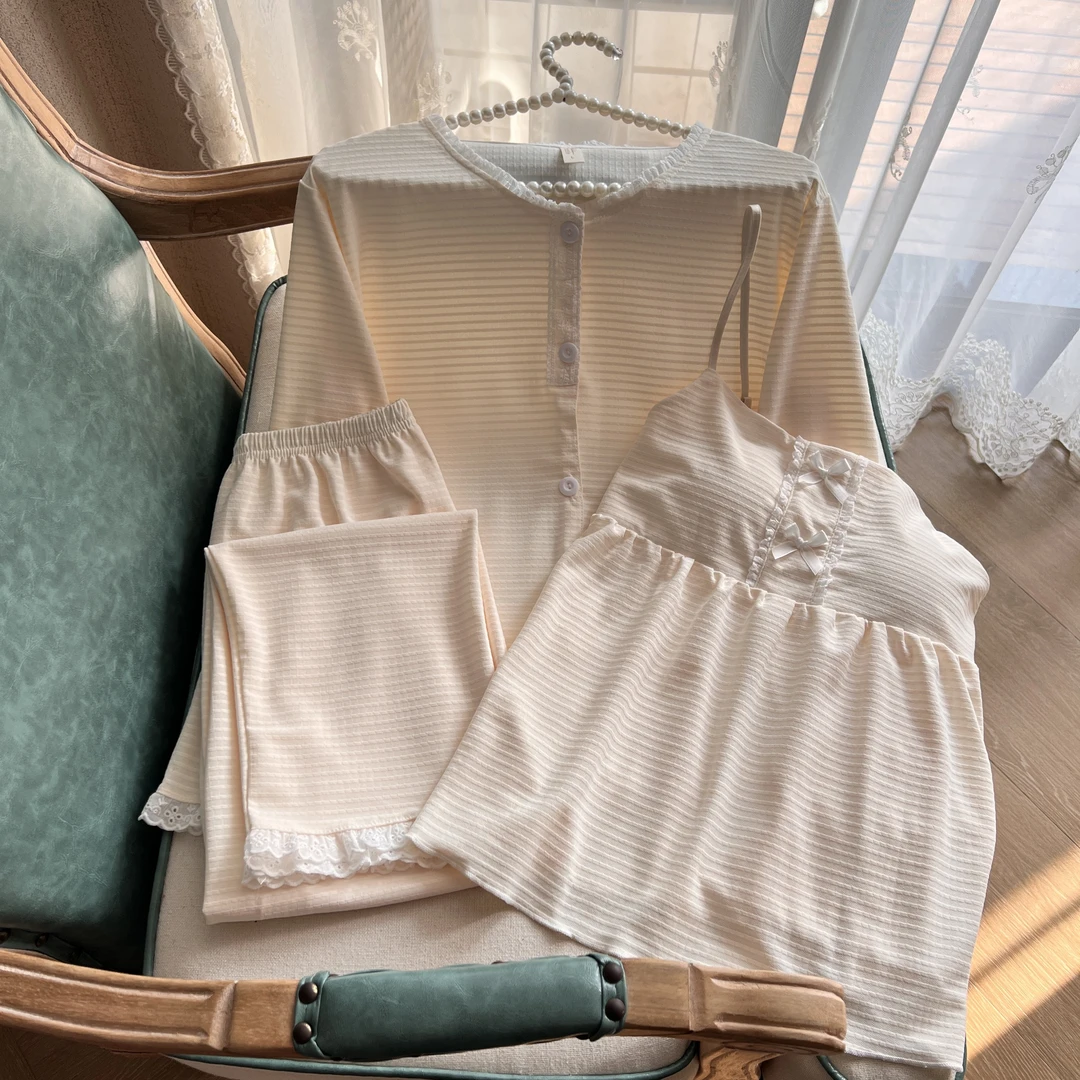 带胸垫可拆睡衣女春夏新款时尚长袖吊带薄款休闲家居服套装可外穿