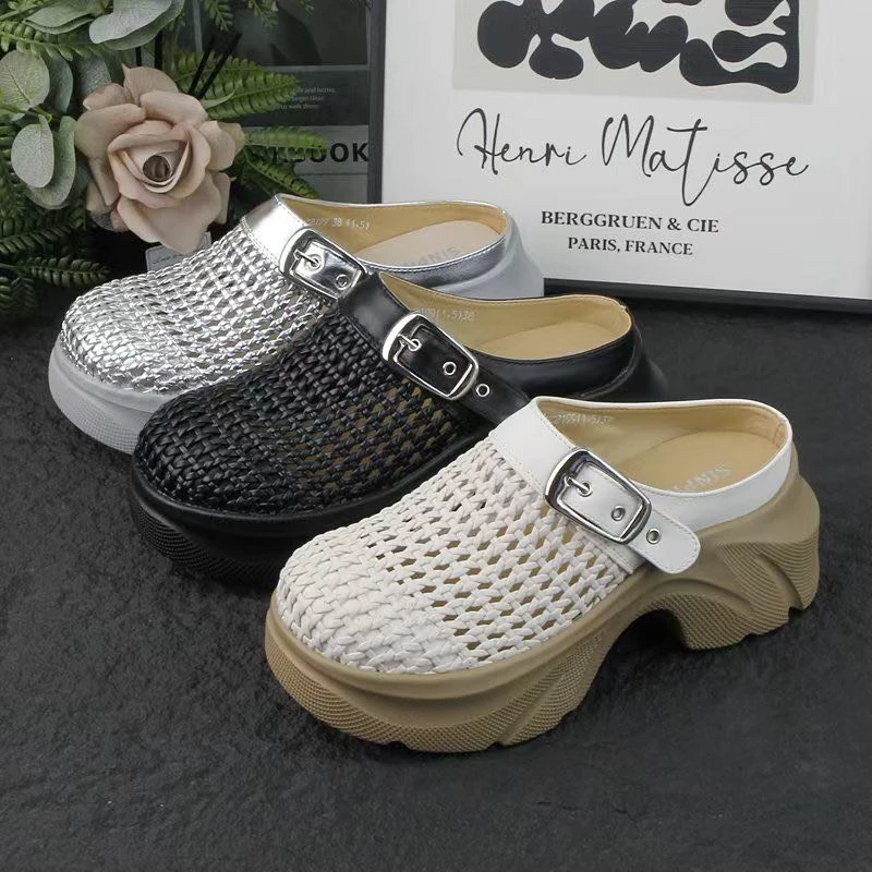 2025夏季新款圆头透气女鞋厚底一字带防水台高跟拖鞋百搭包头2199