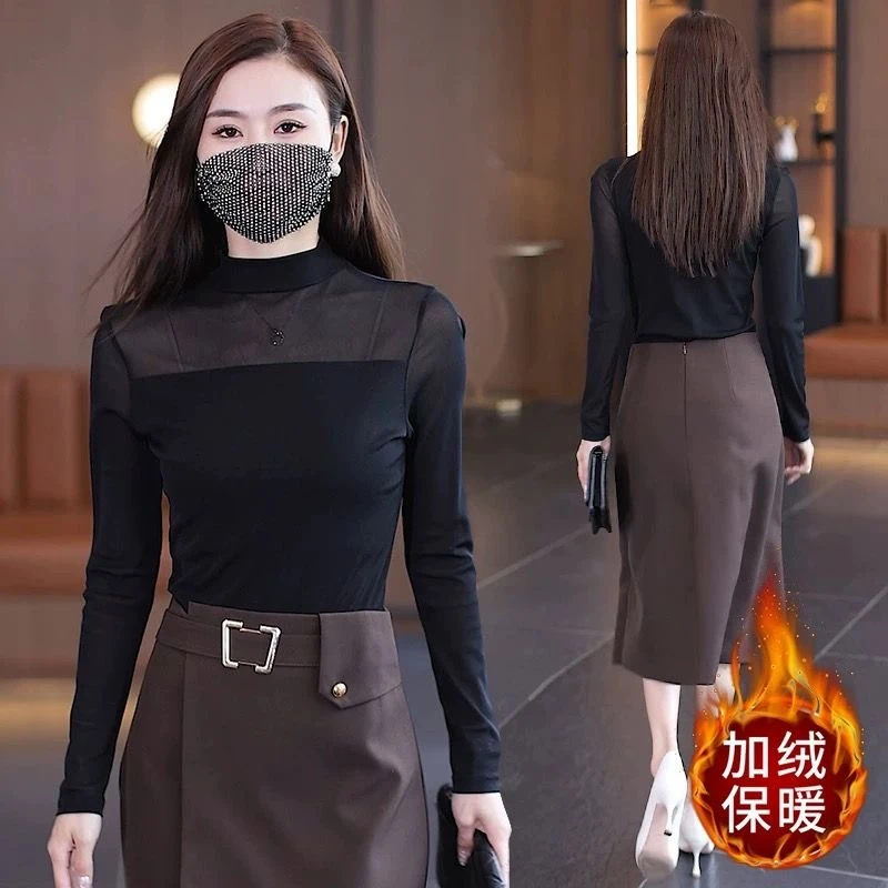 【女人味+显瘦+洋气】新款半高领网纱气质打底衫长袖内搭修身防晒服