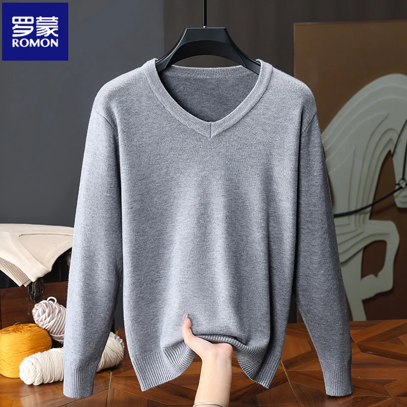 罗蒙男装秋冬针织保暖V领毛衣时尚修身海鸥领打底衫亲肤透气毛衫