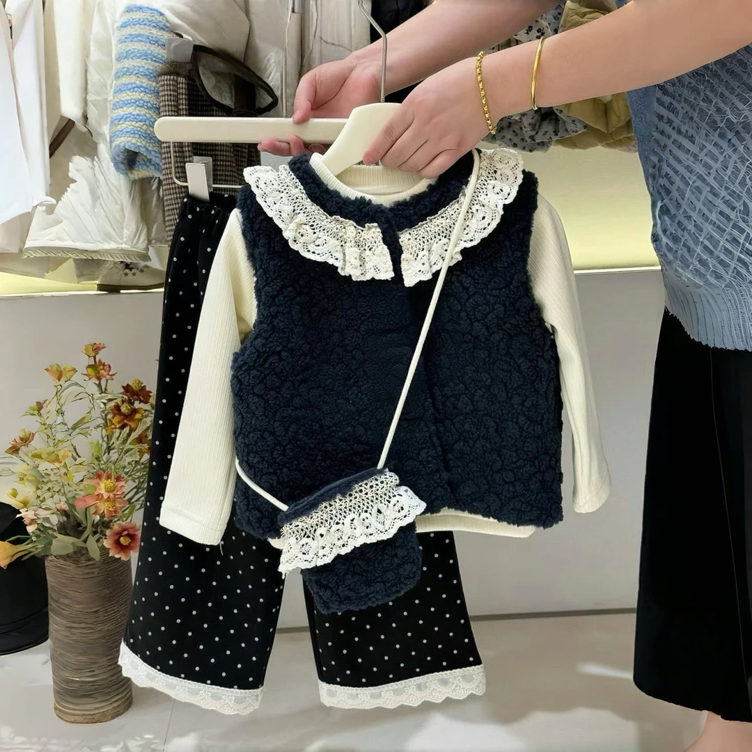【2025冬款套装】女童韩版洋气花边毛毛马甲套装儿童加绒保暖送包
