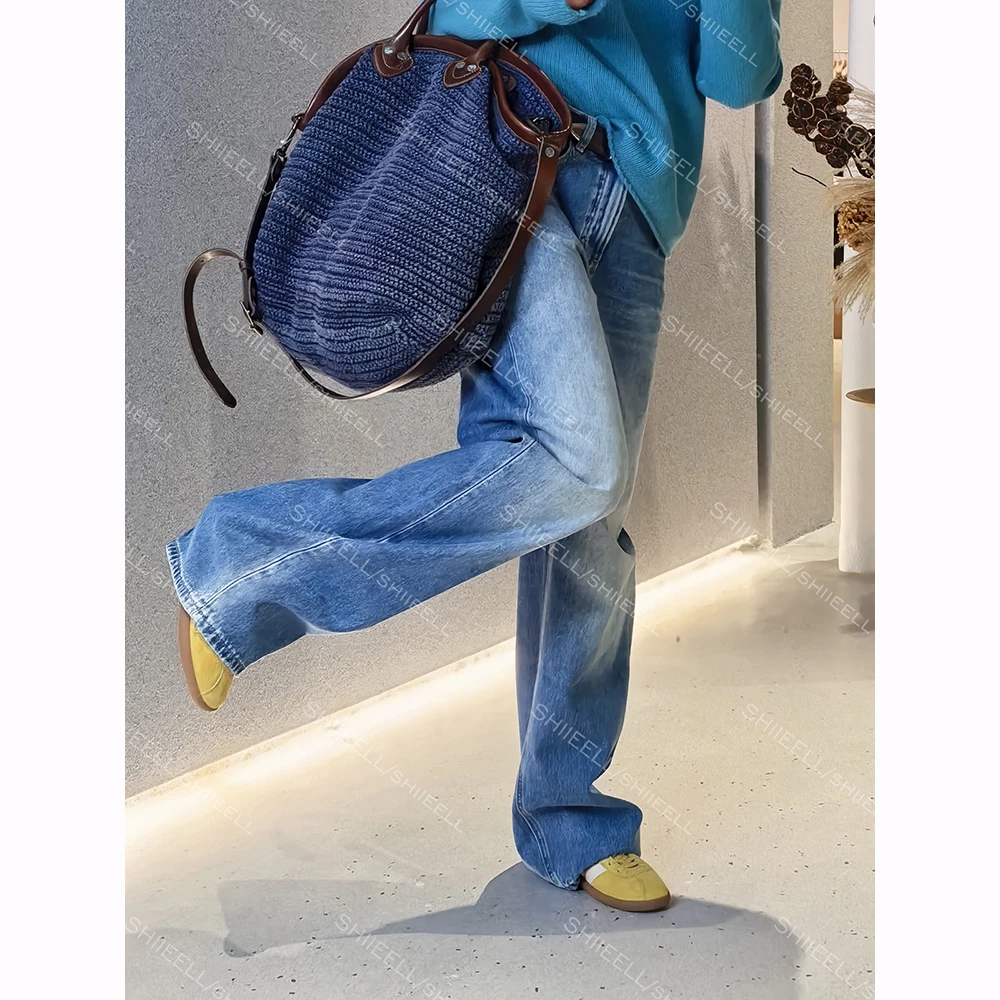 SHIIEELL【阔腿蓝调】气质欧美风宽松渐变秋冬薄绒水洗牛仔裤Z002R