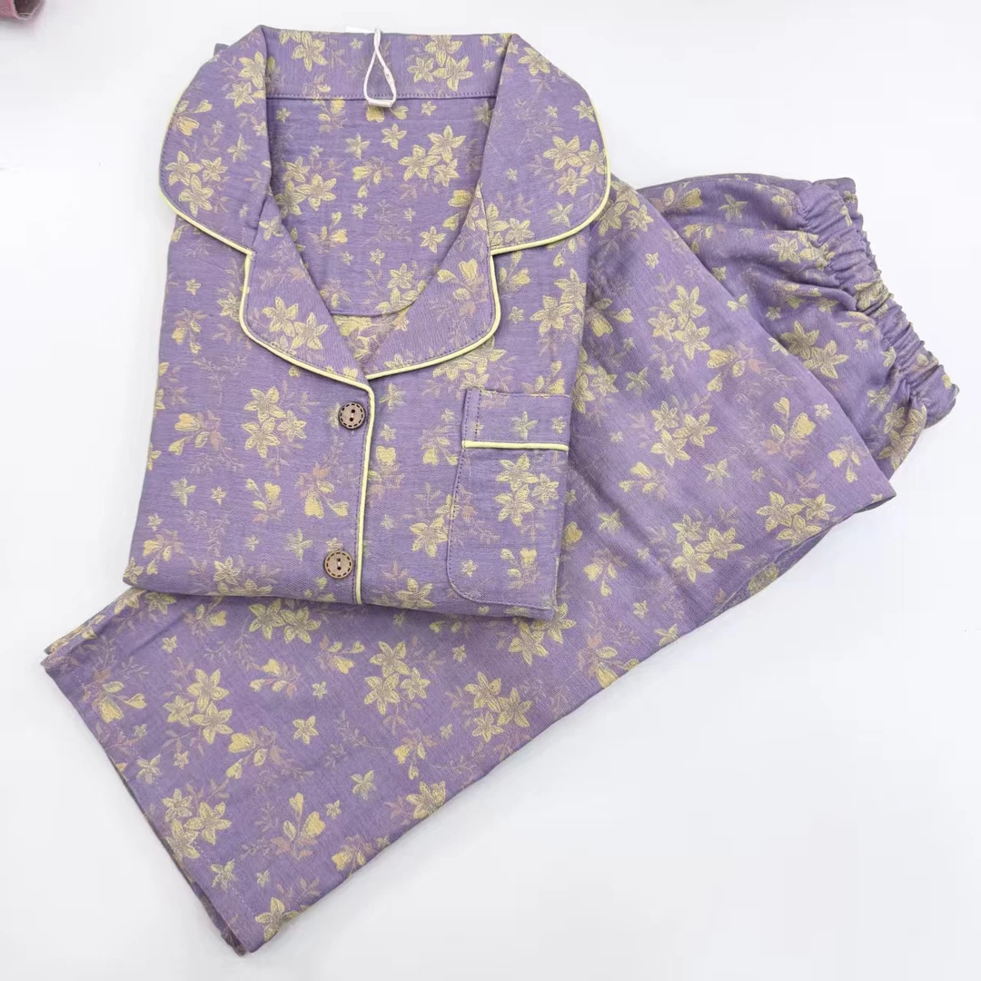 冲粉礼物冬季新款-精梳长绒棉紫色富贵花全棉双层纱睡衣家居服