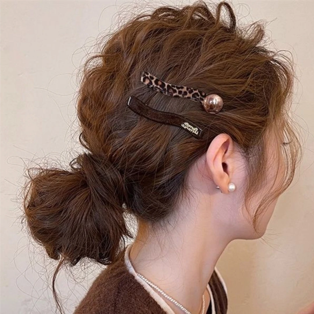 豹纹圆珠波浪发夹女2025新款边夹前额碎发刘海夹高端一字发卡发饰