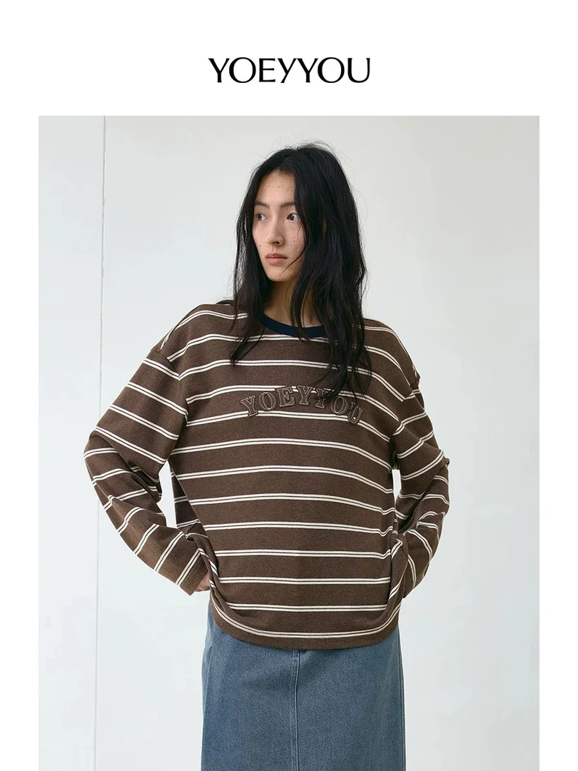 YOEYYOU宽松直身T恤2025春新品设计师撞色条纹复古休闲长袖上衣女