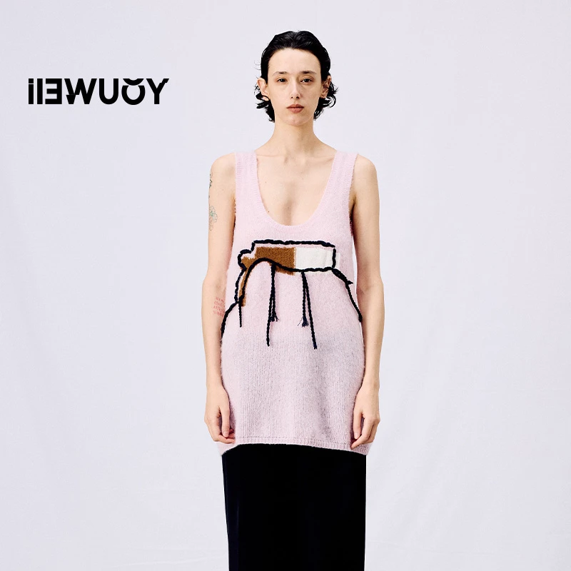 有尾YOUWEI花瓶图案A摆白色夏季毛织背心Y3425104