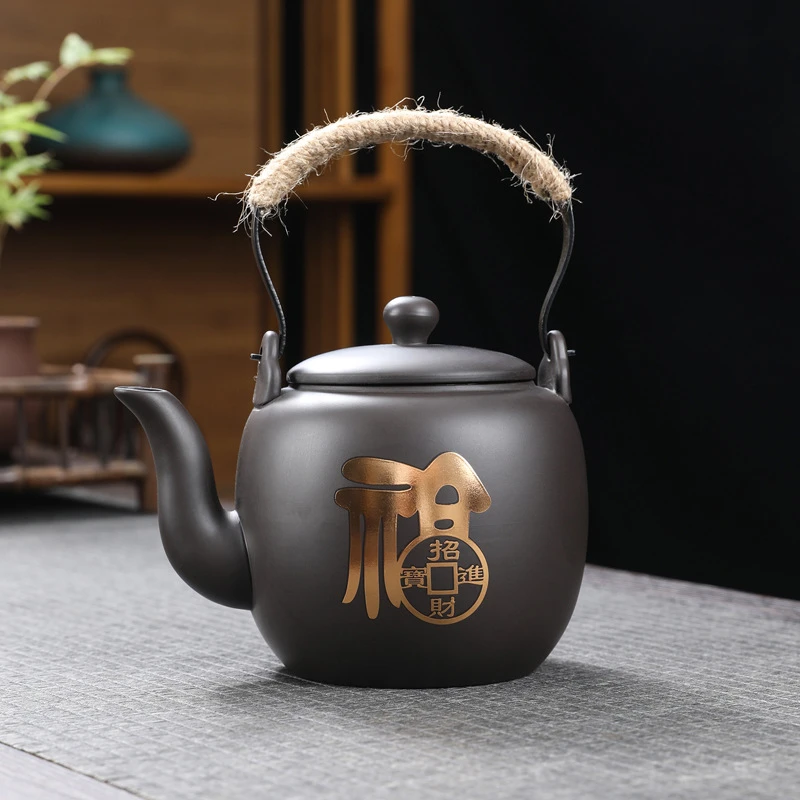 功夫茶壶原矿砂提梁壶大容量泡茶器防烫手把烫金家用大壶MMS