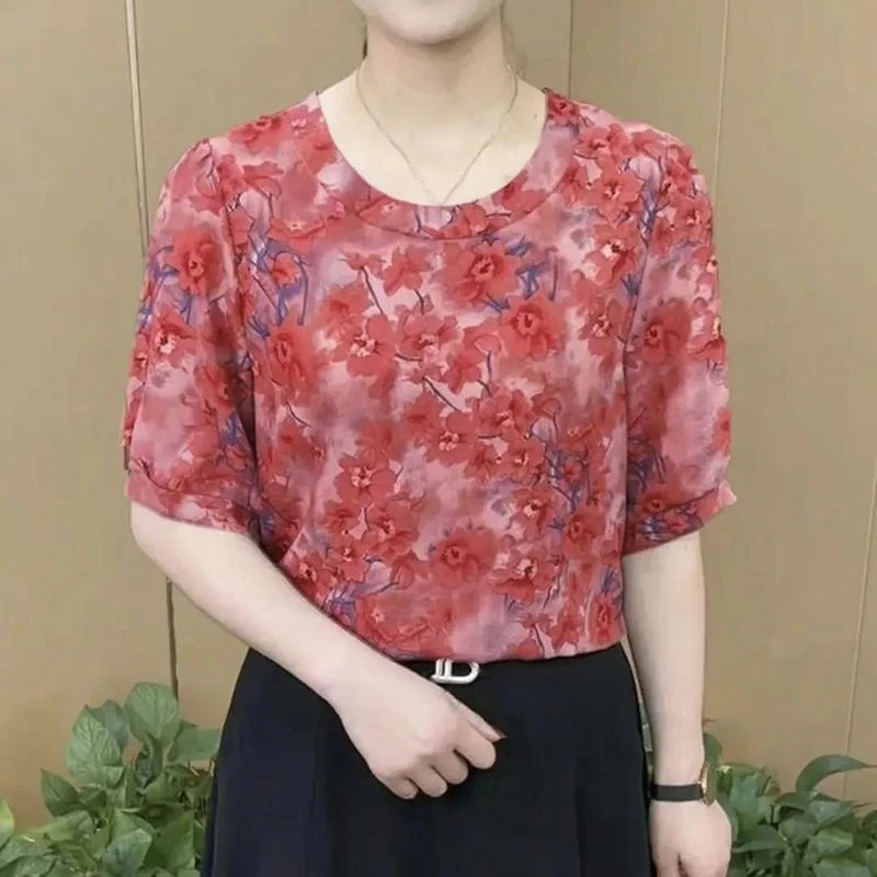 217红色夏新款女时尚洋气圆领气质T恤小衫减龄百搭短袖上衣妈妈装