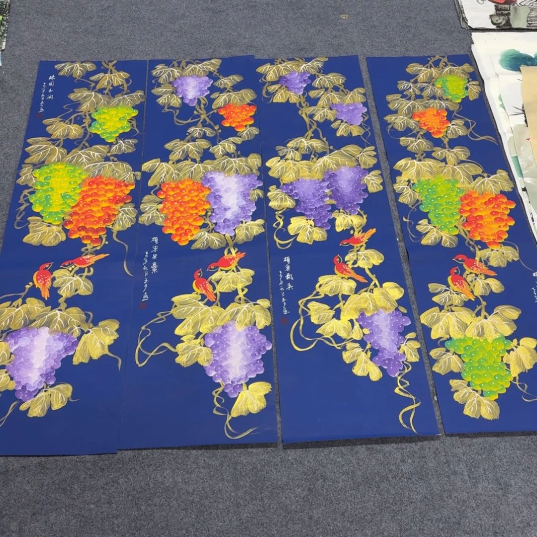 国画140×35蓝底金叶葡萄手绘