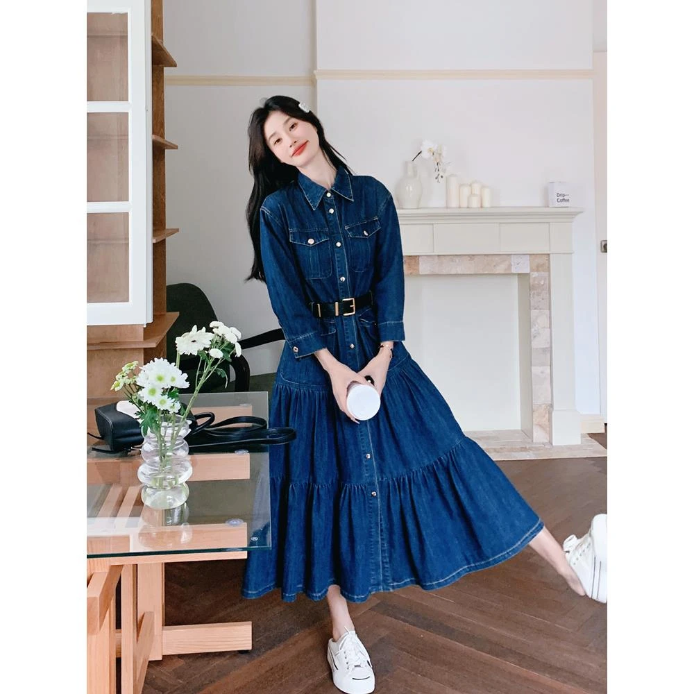 的覆古腰修身Look赫本风格牛仔衬衫连衣裙春秋季新款法国女子长裙