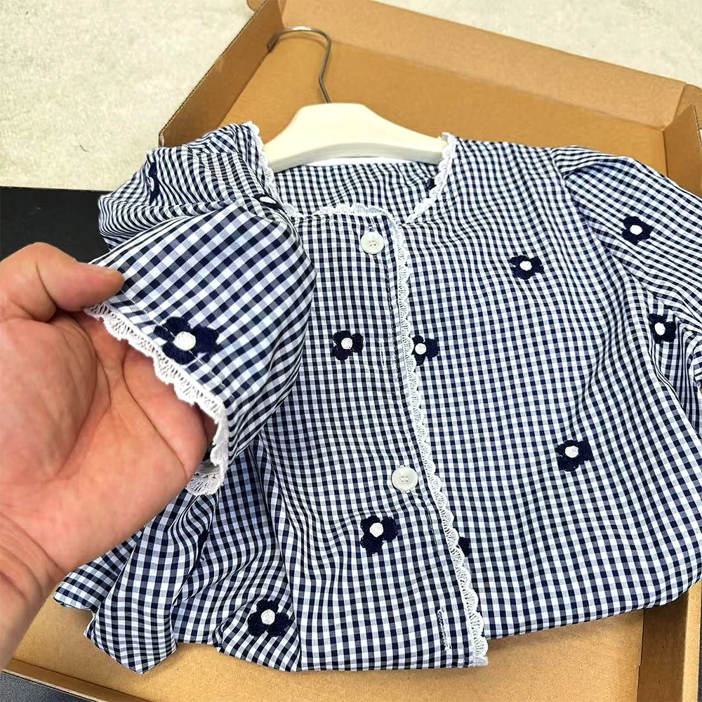 2025夏季小清新宽松百搭刺绣圆领短袖衬衫纯棉开衫短款小衫