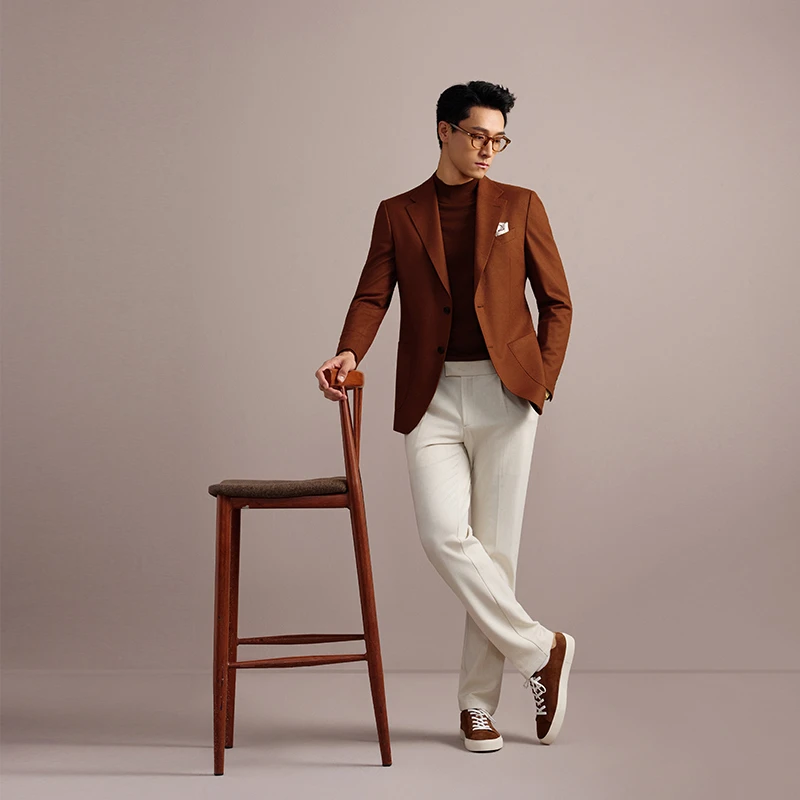 弹力针织羊毛单排扣秋冬便西男士毛呢西装外套男焦糖（领宽9CM）