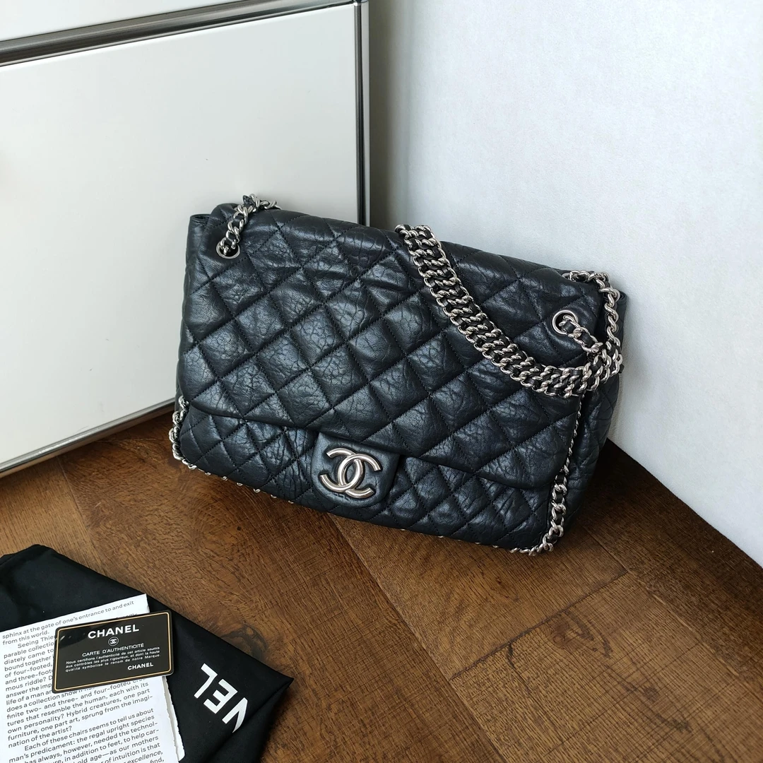 95新 Chanel/香奈儿 Azul-黑银羊皮滚边多链条机场单肩包49684
