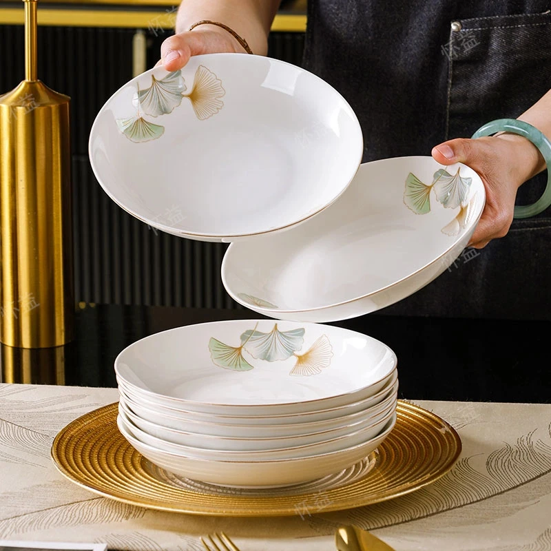 【银杏时光】8英寸圆形深菜盘（点关注额外送两个）陶瓷餐具陶瓷筷子