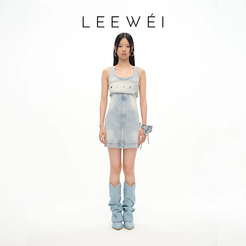 LEEWEI 春夏新品洗水猫须造型腰带牛仔吊带连衣裙显瘦时尚辣妹