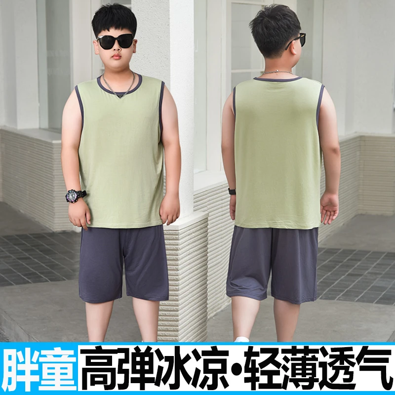 胖男童莫代尔无袖背心套装中大童加肥加大冰丝家居服儿童夏季外穿