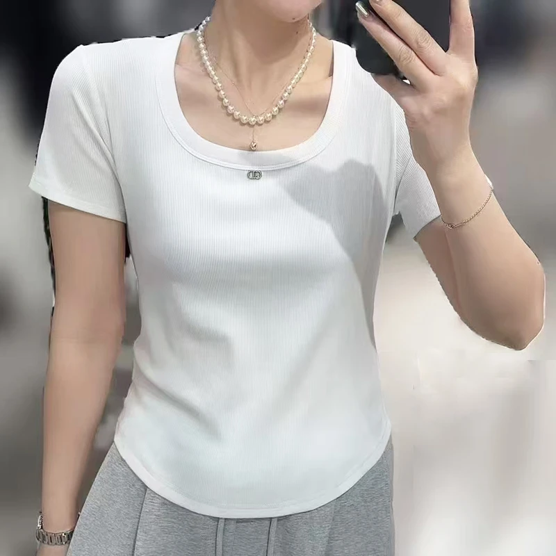 白色韩系修身U领漏锁骨短袖t恤女夏季短款小个子正肩简约百搭上衣