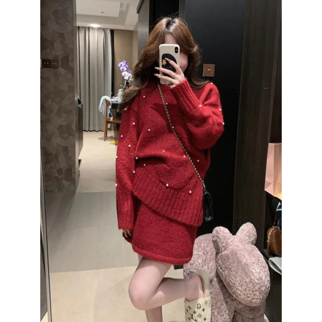FCYSTUIDOHZJ韩系钉珠毛衣冬氛围感气质显瘦高腰半身裙针织套装女