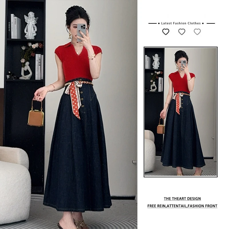 高级感时尚polo领针织短袖T恤法式高腰显瘦牛仔半身裙显瘦两件套